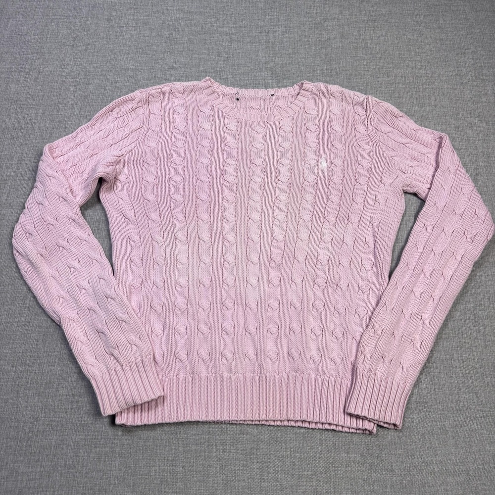 Ralph Lauren Cable-Knit Sweater Womens M Pink Cotton Pullover Embroidered Logo - Picture 5 of 10